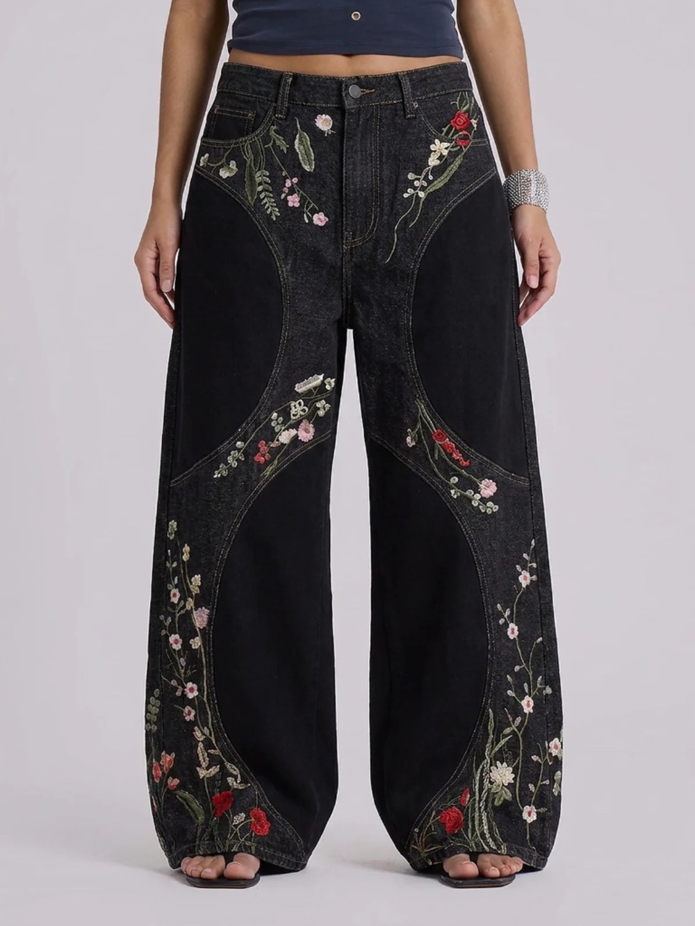 Y2K Black Floral Embroidered Baggy Wide Leg Jeans L